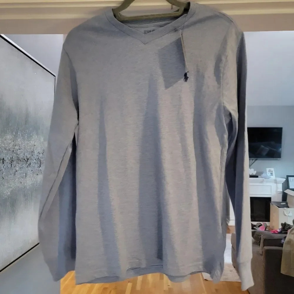 Polo Ralph Lauren Boy's Blue Long Sleeve V-Neck Pullover T-Shirt Size Large